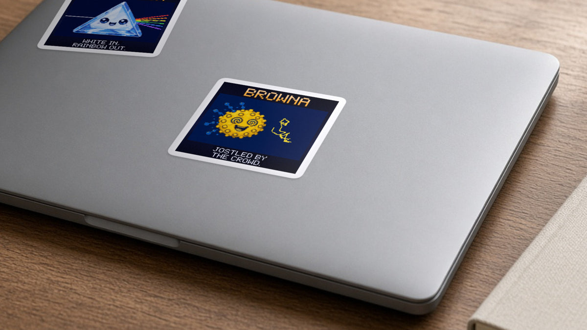 Browna pixel-art physics sticker on a laptop