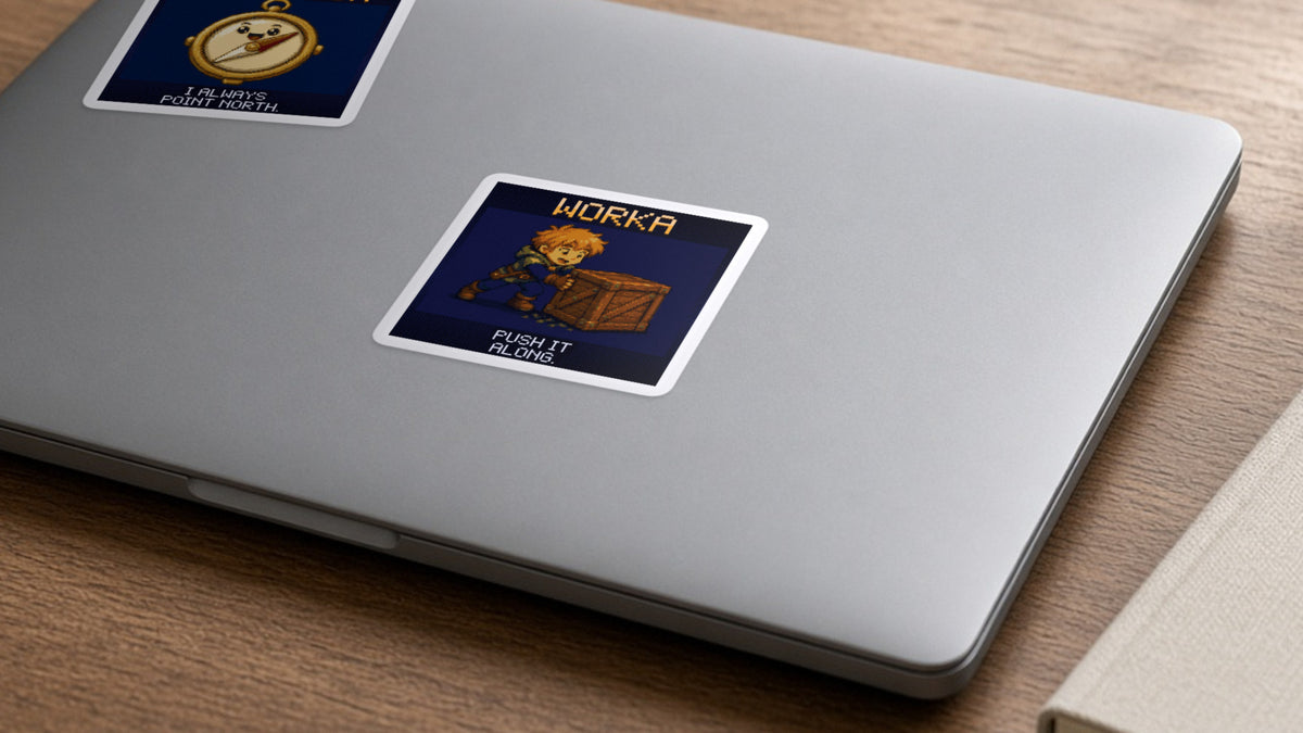 Worka pixel-art physics sticker on a laptop