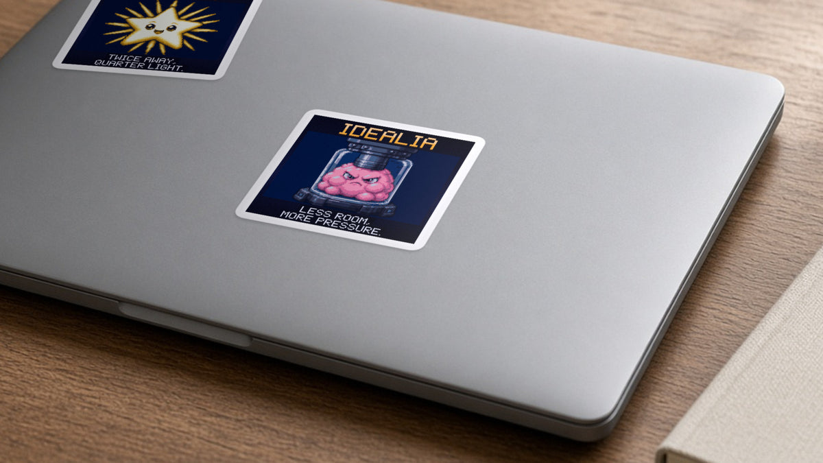 Idealia pixel-art physics sticker on a laptop