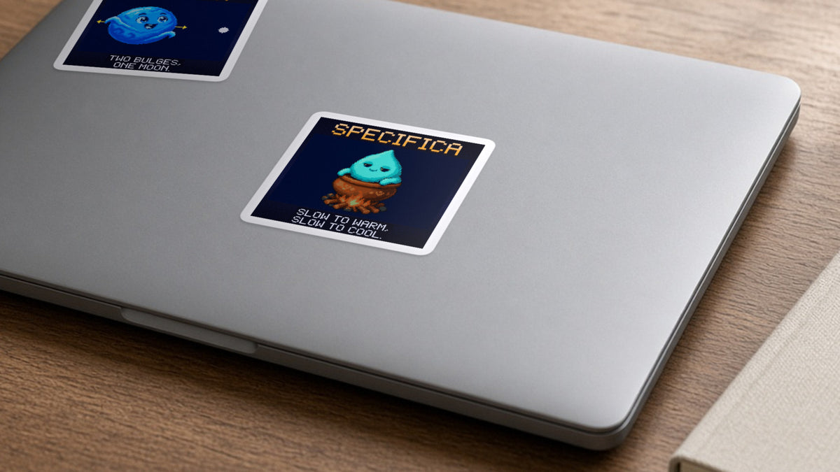 Specifica pixel-art physics sticker on a laptop