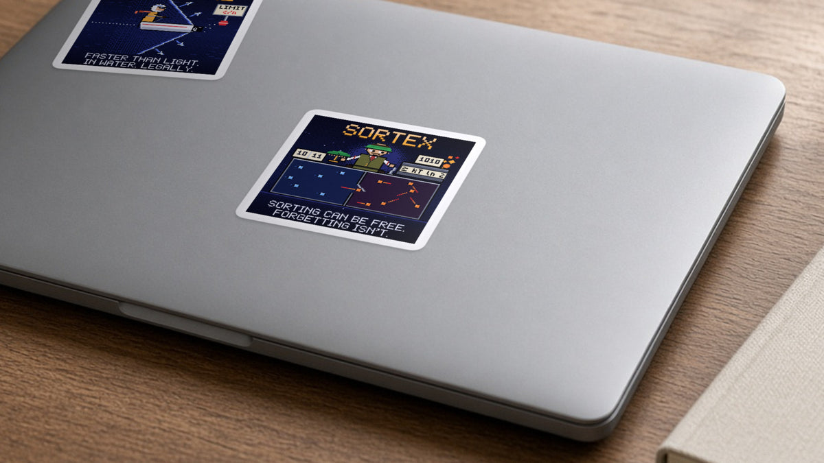 Sortex navy pixel-art physics sticker, Maxwell’s demon, on a laptop