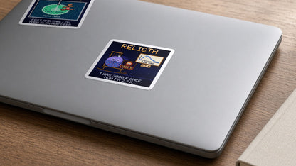 Relicta navy pixel-art physics sticker, cosmic microwave background, on a laptop
