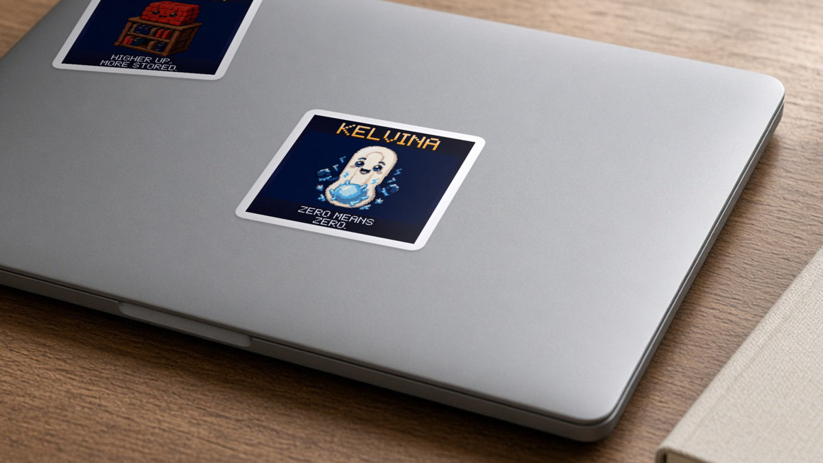 Kelvina pixel-art physics sticker on a laptop