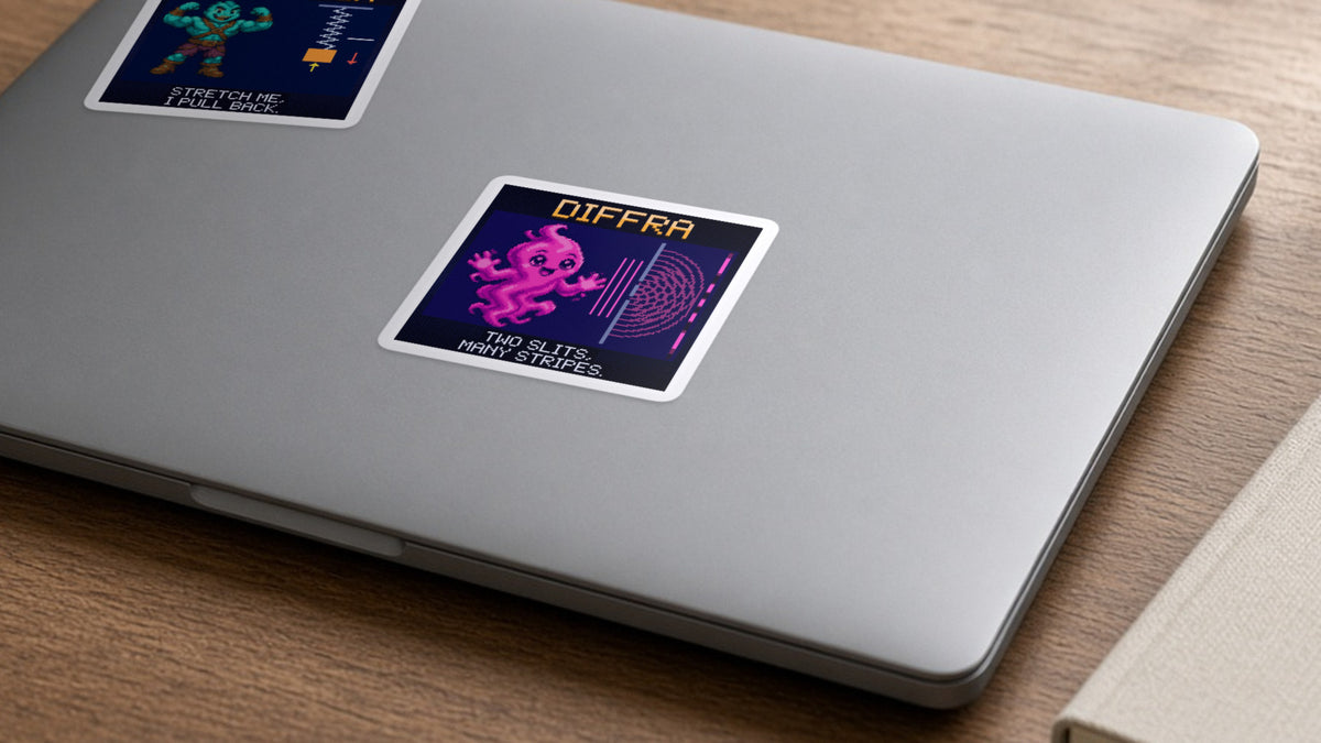 Diffra pixel-art physics sticker on a laptop