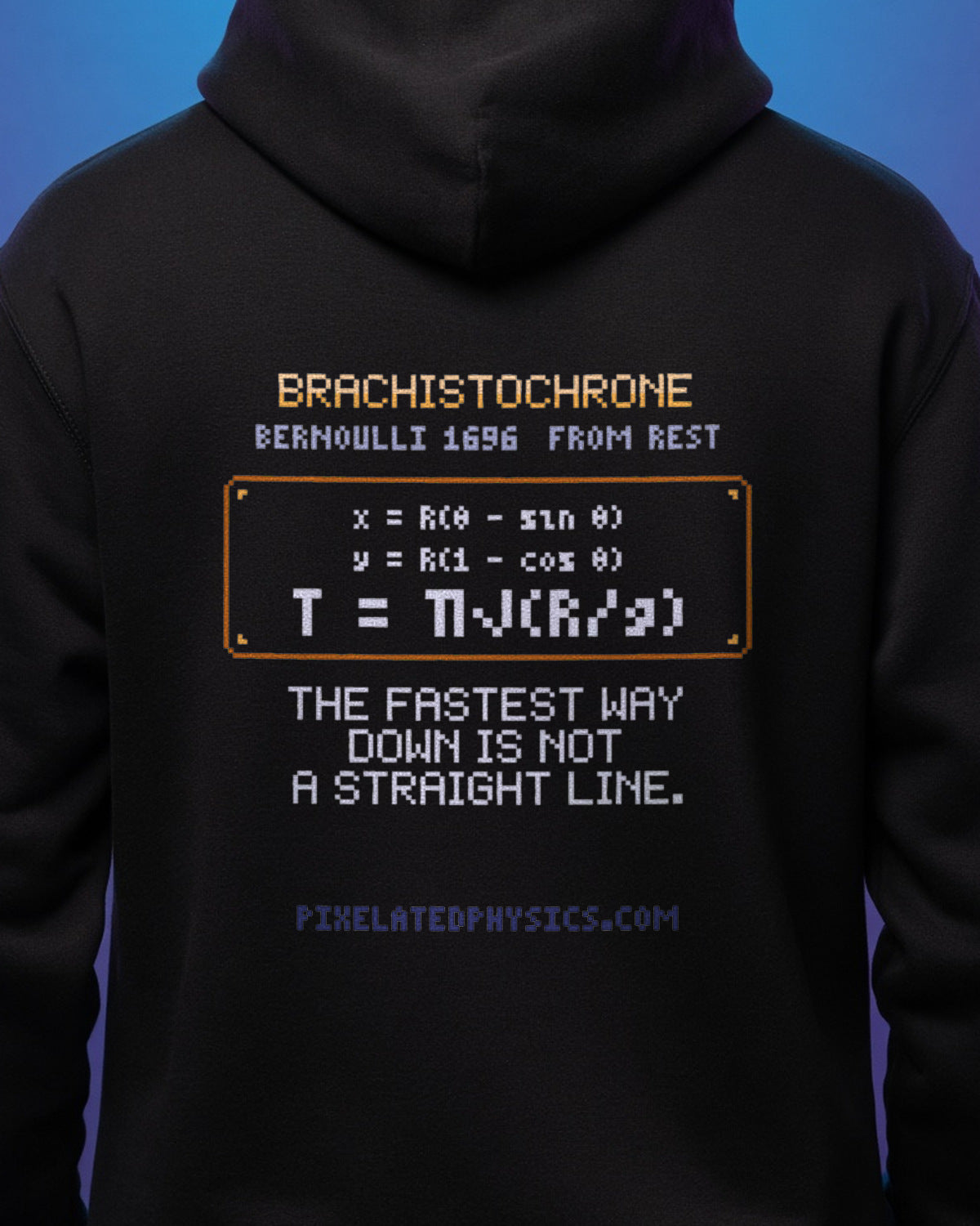 Black Brachistochrone physics hoodie, pixel-art brachistochrone cycloid design, worn by a model, back close-up