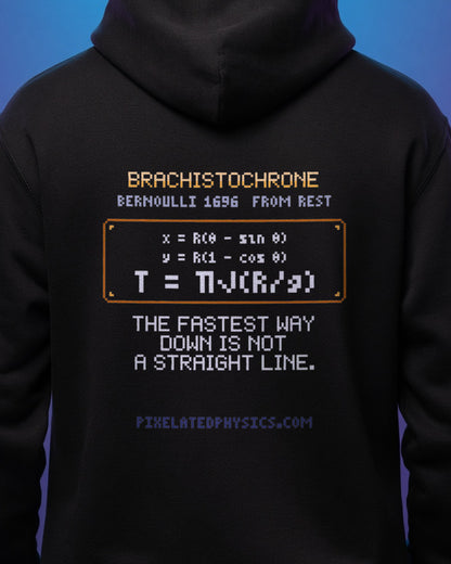 Black Brachistochrone physics hoodie, pixel-art brachistochrone cycloid design, worn by a model, back close-up