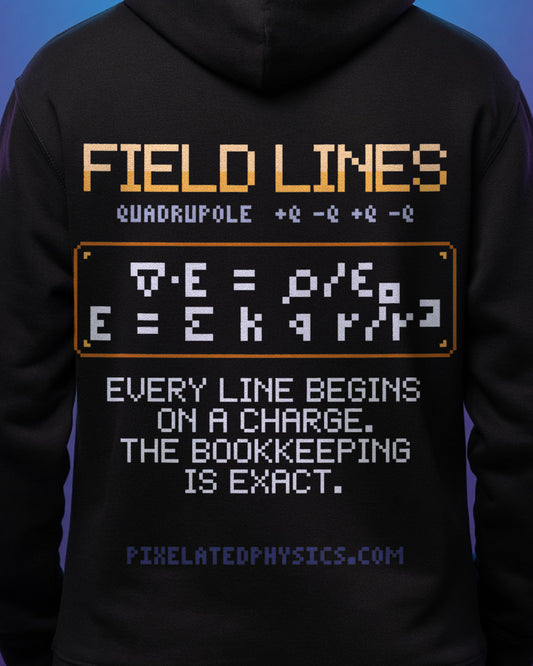 Black Field Lines physics hoodie, pixel-art electric quadrupole field design, worn by a model, back close-up