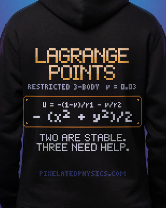 Black Lagrange Points physics hoodie, pixel-art Lagrange points design, worn by a model, back close-up