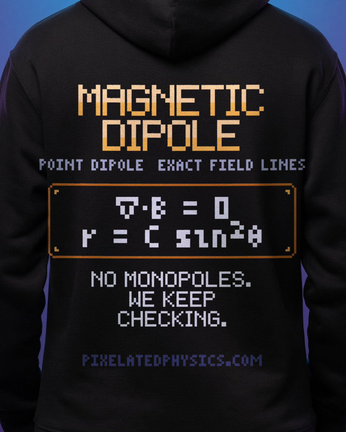 Black Magnetic Dipole physics hoodie, pixel-art magnetic dipole field design, worn by a model, back close-up