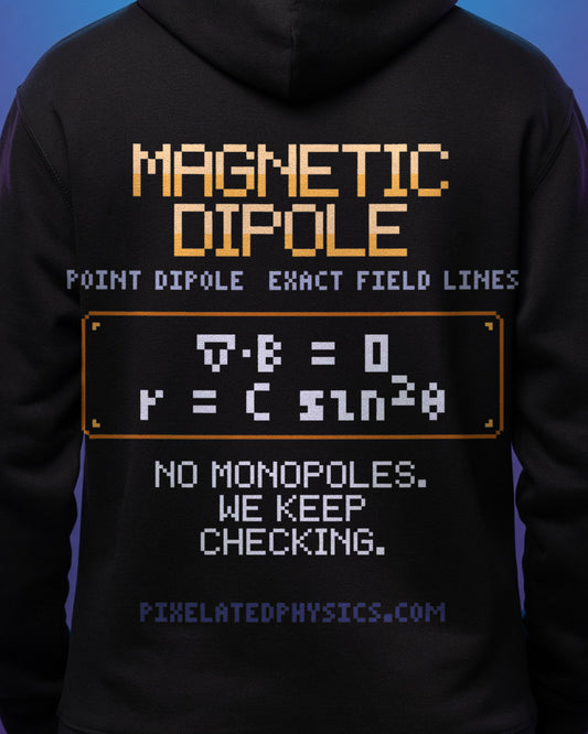 Black Magnetic Dipole physics hoodie, pixel-art magnetic dipole field design, worn by a model, back close-up