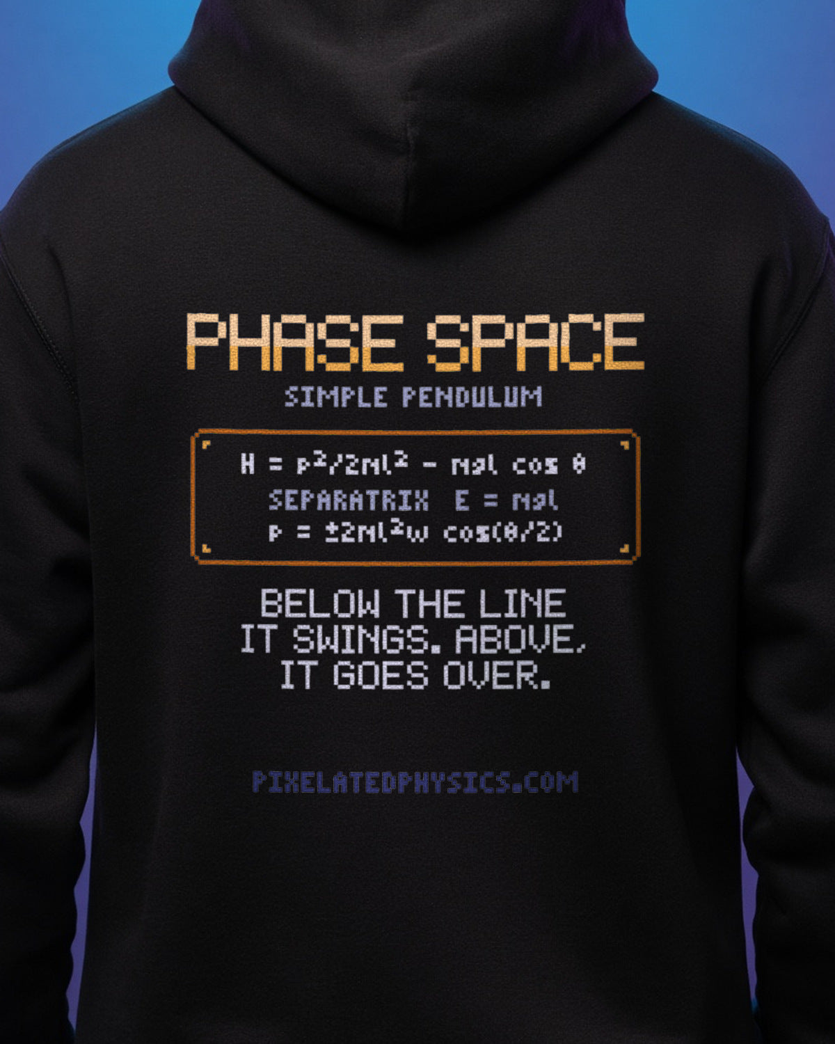 Black Pendulum Phase Space physics hoodie, pixel-art pendulum phase portrait design, worn by a model, back close-up