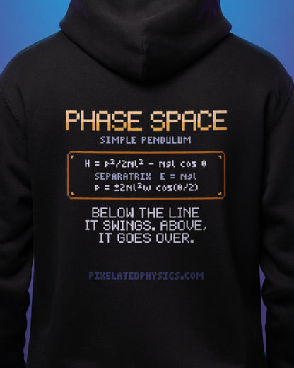 Black Pendulum Phase Space physics hoodie, pixel-art pendulum phase portrait design, worn by a model, back close-up
