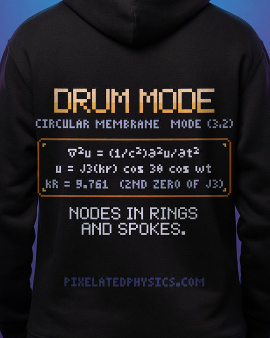 Black Drum Mode physics hoodie, pixel-art circular membrane vibration design, worn by a model, back close-up