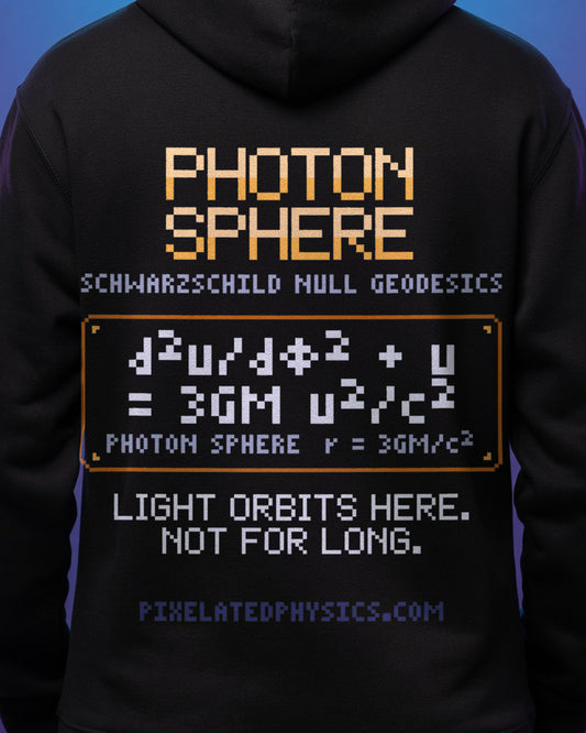 Black Photon Sphere physics hoodie, pixel-art photon sphere design, worn by a model, back close-up