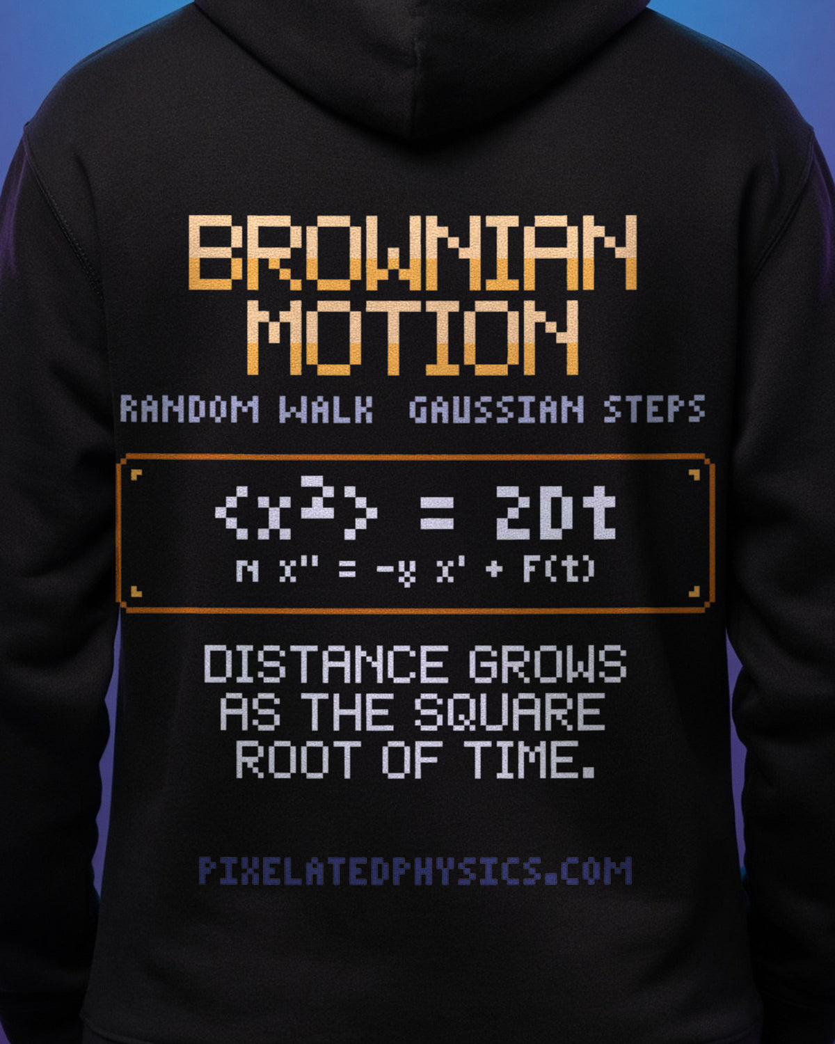 Black Brownian Motion physics hoodie, pixel-art Brownian motion design, worn by a model, back close-up