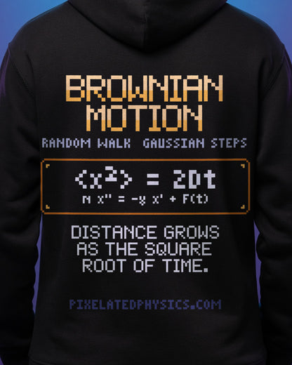 Black Brownian Motion physics hoodie, pixel-art Brownian motion design, worn by a model, back close-up
