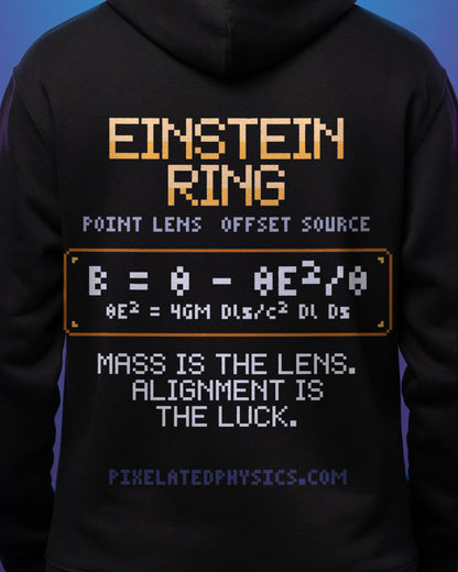 Black Einstein Ring physics hoodie, pixel-art gravitational lensing design, worn by a model, back close-up