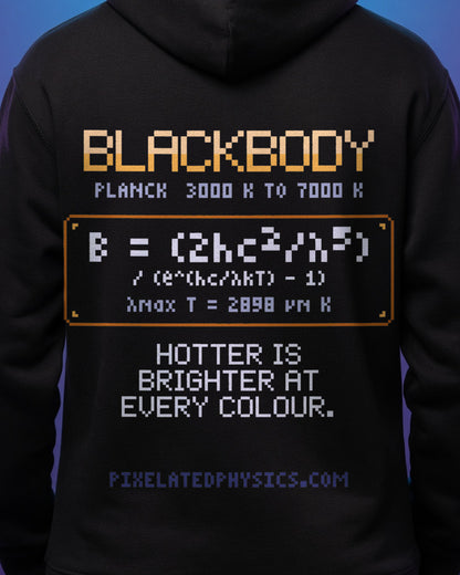 Black Blackbody physics hoodie, pixel-art blackbody radiation design, worn by a model, back close-up