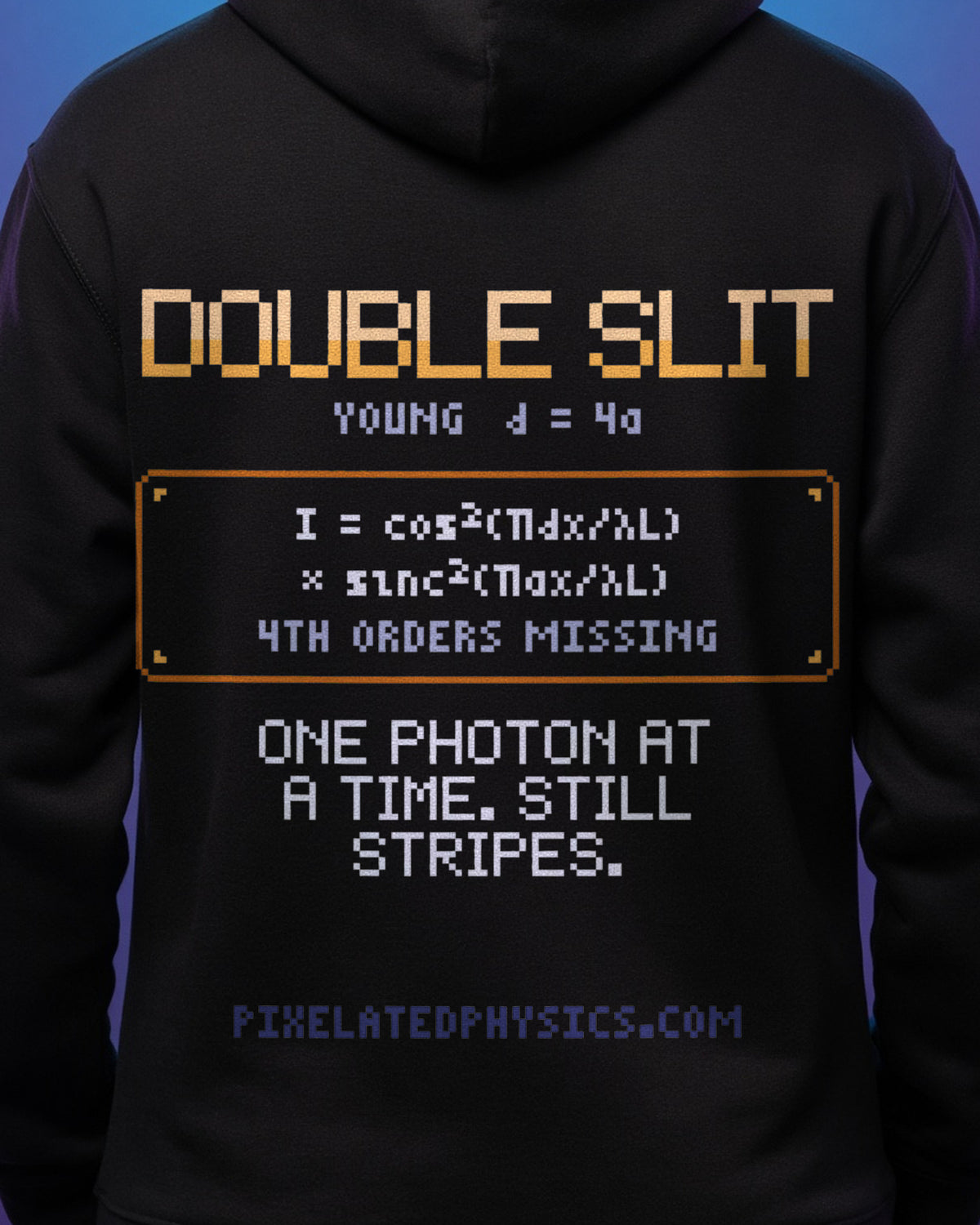 Black Double Slit physics hoodie, pixel-art double-slit interference design, worn by a model, back close-up