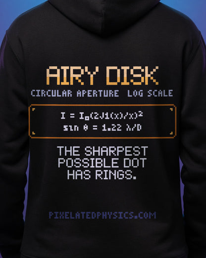 Black Airy Disk physics hoodie, pixel-art Airy diffraction pattern design, worn by a model, back close-up