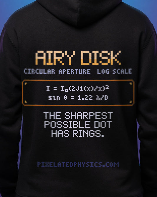 Black Airy Disk physics hoodie, pixel-art Airy diffraction pattern design, worn by a model, back close-up
