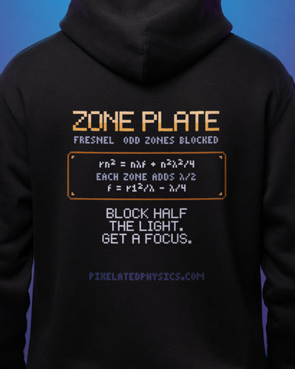 Black Zone Plate physics hoodie, pixel-art Fresnel zone plate design, worn by a model, back close-up