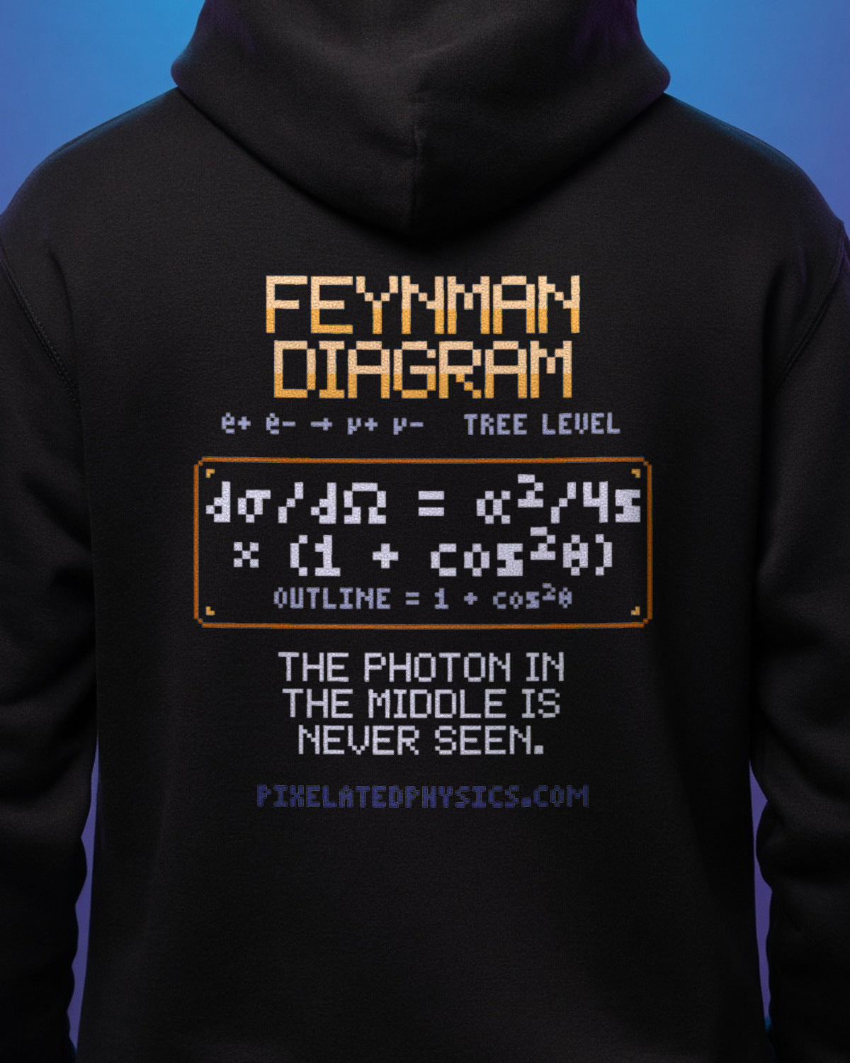 Black Feynman Diagram physics hoodie, pixel-art electron-positron annihilation design, worn by a model, back close-up