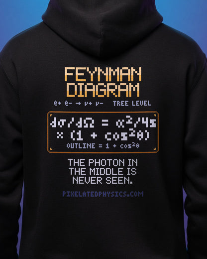 Black Feynman Diagram physics hoodie, pixel-art electron-positron annihilation design, worn by a model, back close-up