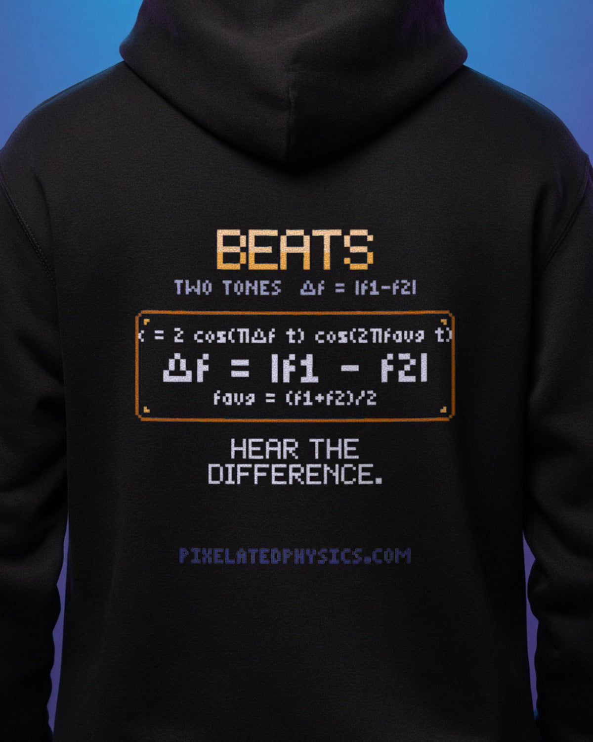 Black Beats physics hoodie, pixel-art acoustic beats from two close tones design, worn by a model, back close-up
