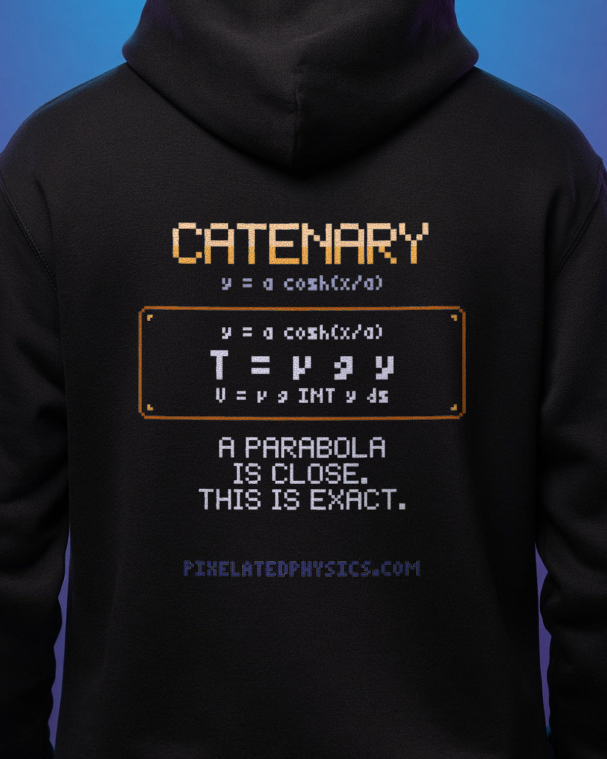 Black Catenary physics hoodie, pixel-art hanging chain / flexible cable under gravity design, worn by a model, back close-up