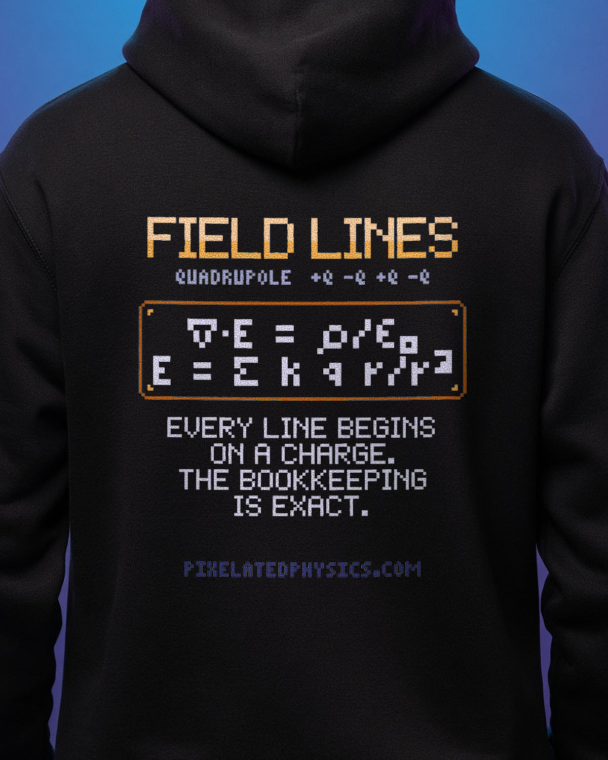 Black Field Lines physics hoodie, pixel-art electric quadrupole field design, worn by a model, back close-up