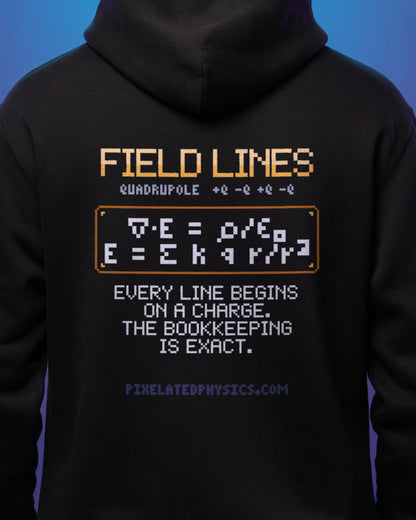 Black Field Lines physics hoodie, pixel-art electric quadrupole field design, worn by a model, back close-up