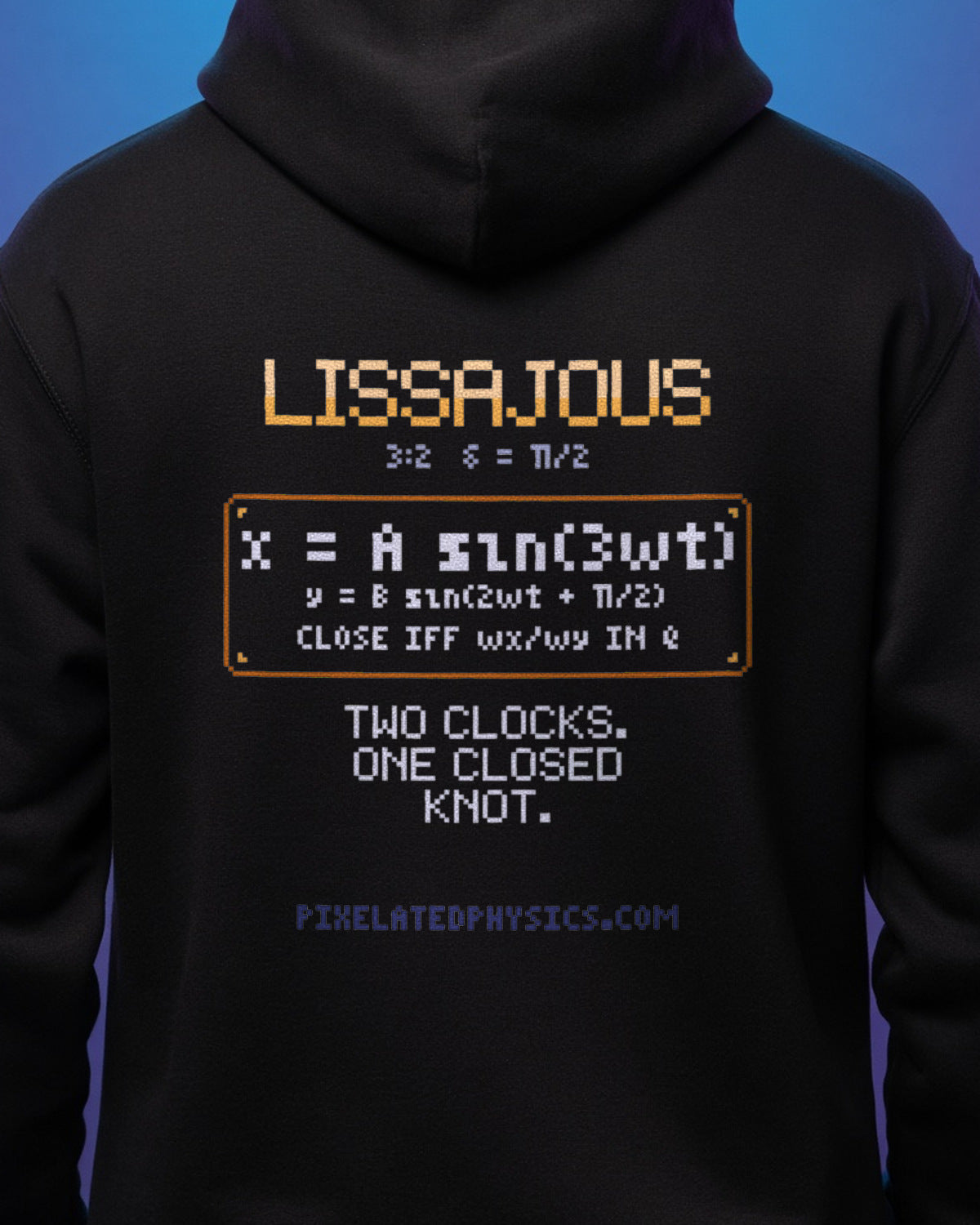 Black Lissajous physics hoodie, pixel-art Lissajous figure 3:2 phase π/2 design, worn by a model, back close-up