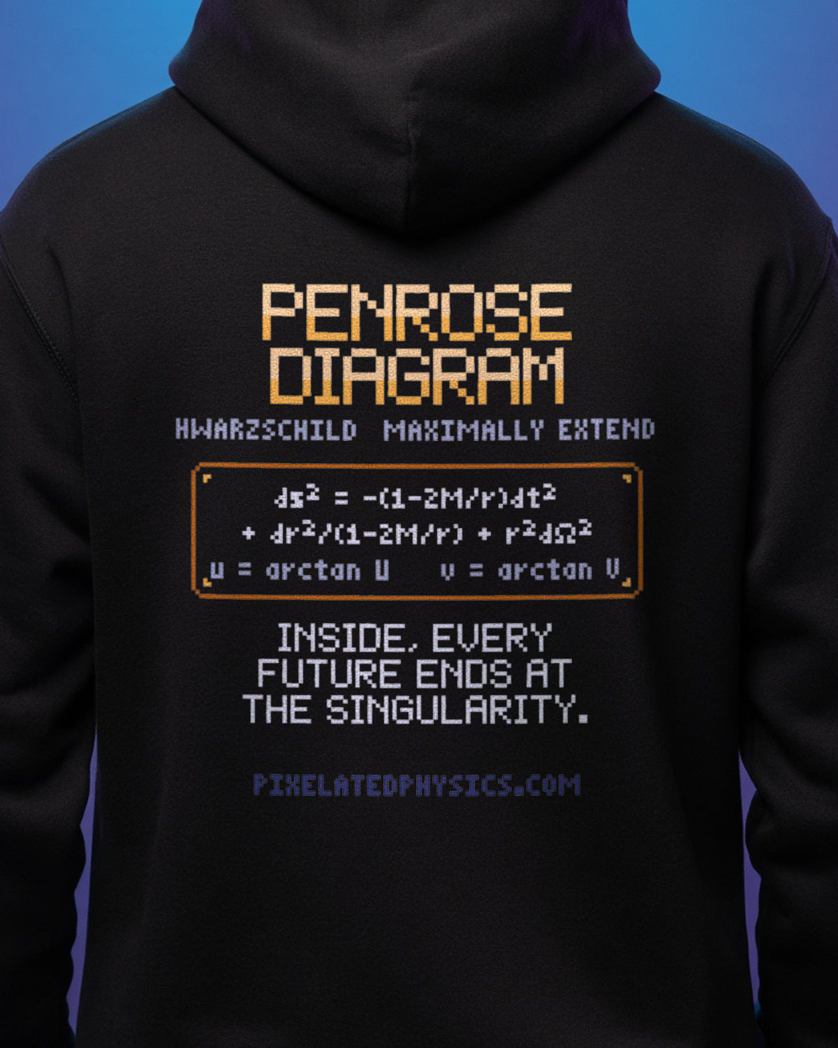Black Penrose Diagram physics hoodie, pixel-art Schwarzschild spacetime design, worn by a model, back close-up