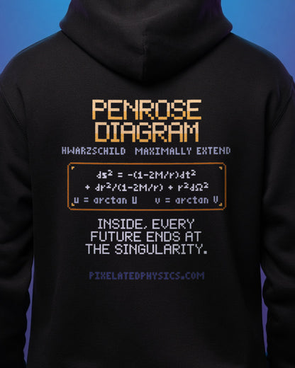 Black Penrose Diagram physics hoodie, pixel-art Schwarzschild spacetime design, worn by a model, back close-up