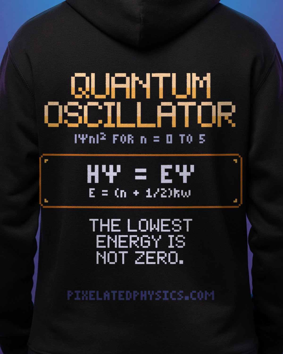 Black Quantum Oscillator physics hoodie, pixel-art quantum harmonic oscillator design, worn by a model, back close-up
