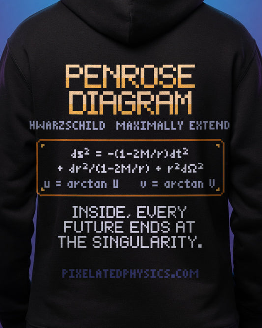 Black Penrose Diagram physics hoodie, pixel-art Schwarzschild spacetime design, worn by a model, back close-up