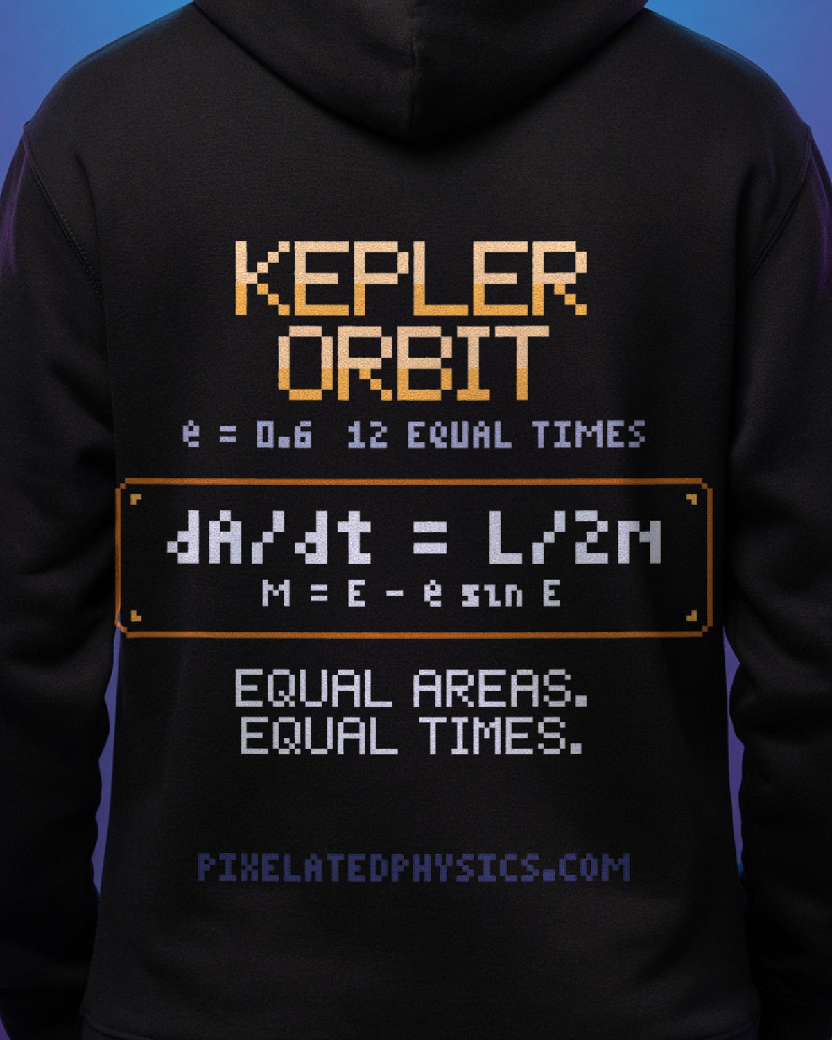 Black Kepler Orbit physics hoodie, pixel-art Kepler’s second law design, worn by a model, back close-up