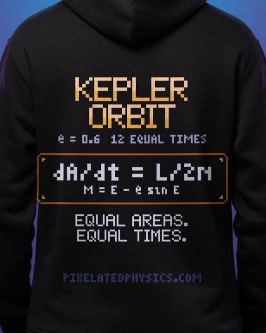Black Kepler Orbit physics hoodie, pixel-art Kepler’s second law design, worn by a model, back close-up