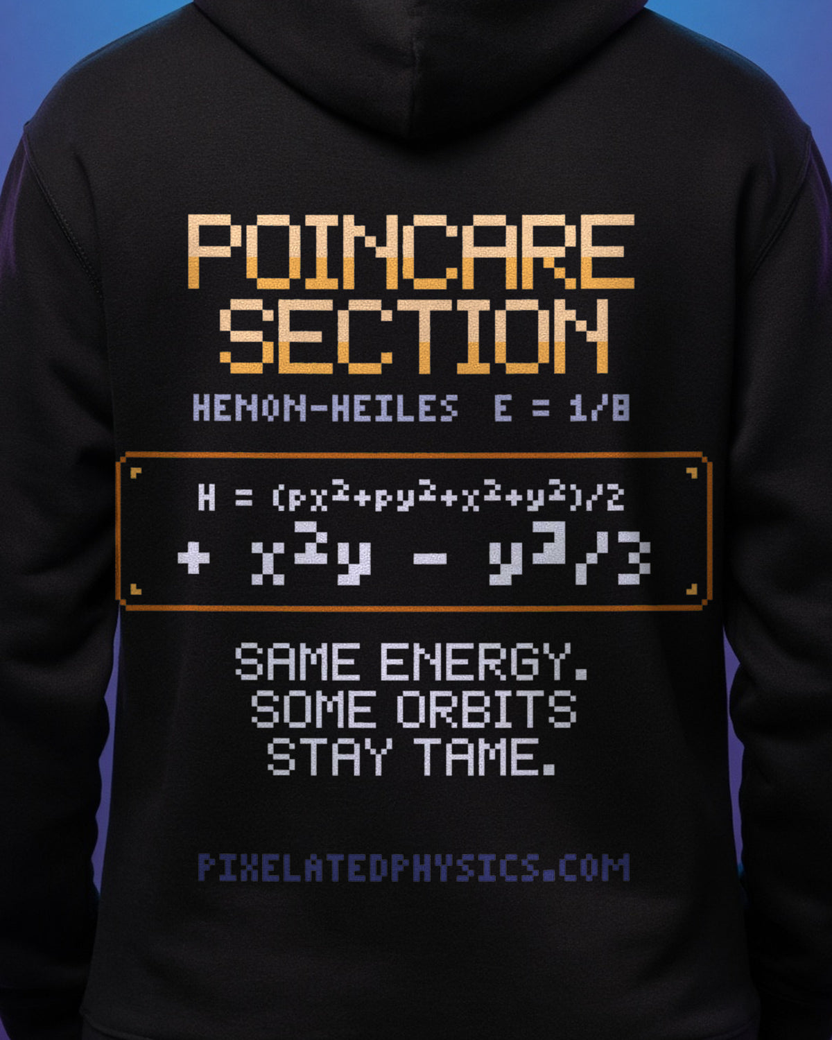 Black Poincaré Section physics hoodie, pixel-art Hénon–Heiles Poincaré section design, worn by a model, back close-up