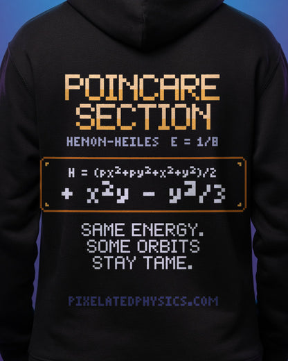 Black Poincaré Section physics hoodie, pixel-art Hénon–Heiles Poincaré section design, worn by a model, back close-up