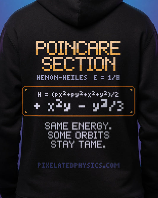Black Poincaré Section physics hoodie, pixel-art Hénon–Heiles Poincaré section design, worn by a model, back close-up
