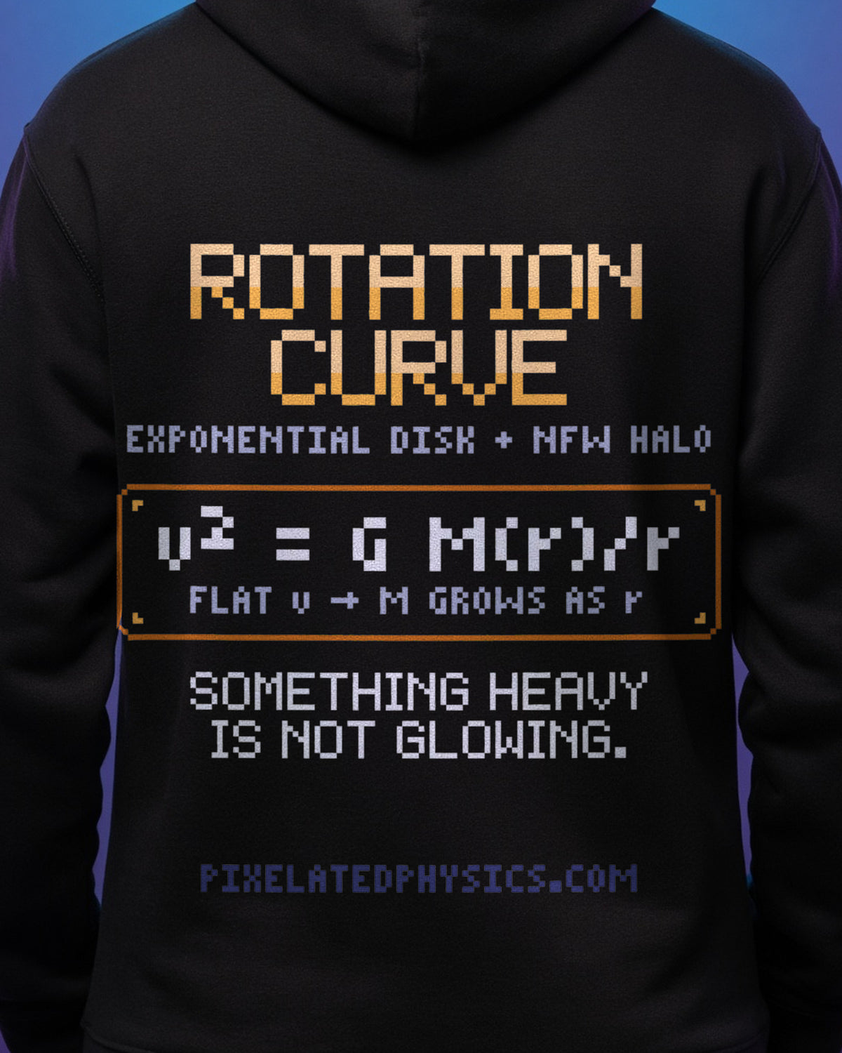 Black Rotation Curve physics hoodie, pixel-art galaxy rotation curve design, worn by a model, back close-up