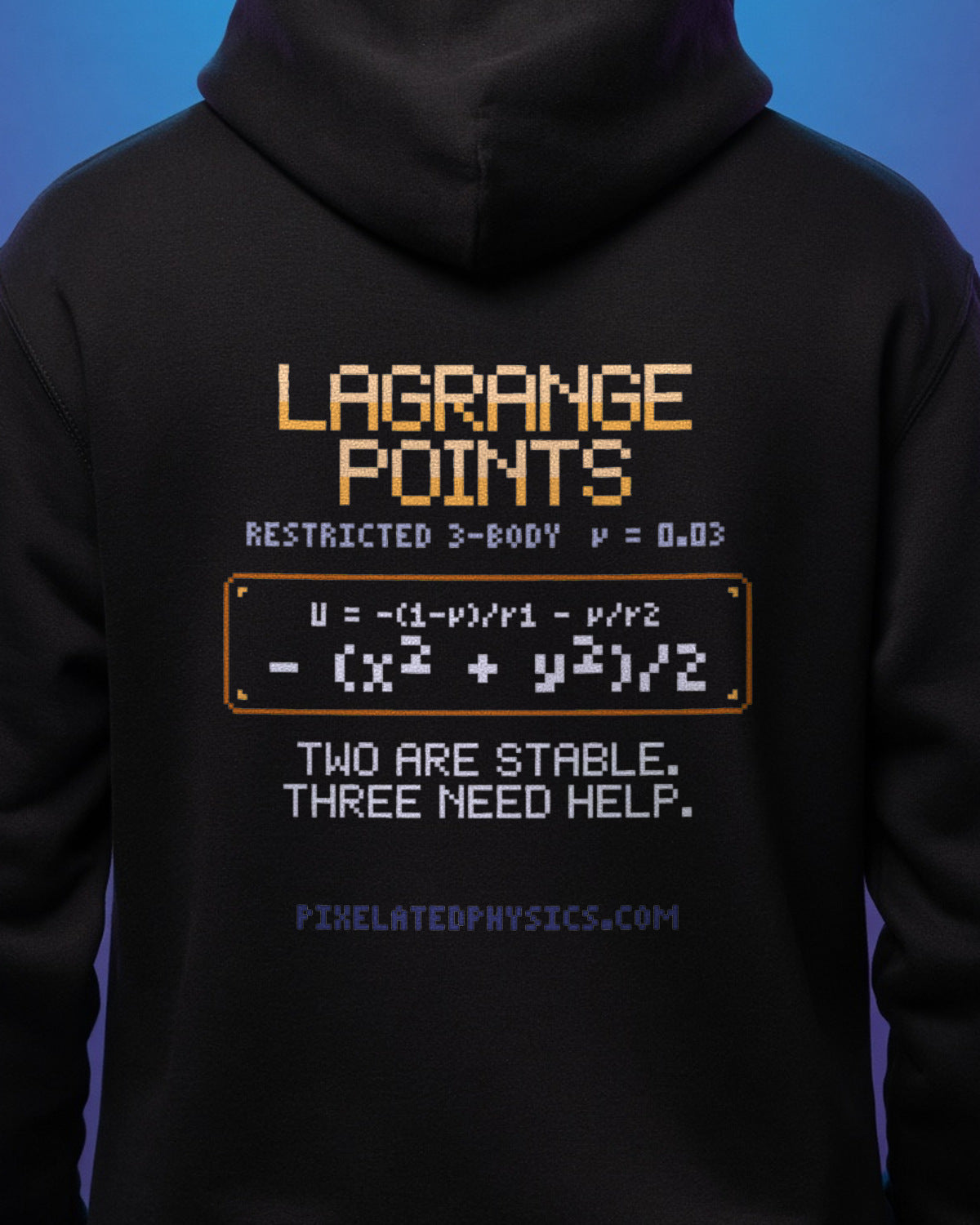 Black Lagrange Points physics hoodie, pixel-art Lagrange points design, worn by a model, back close-up