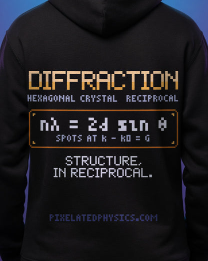 Black Diffraction physics hoodie, pixel-art crystal diffraction design, worn by a model, back close-up