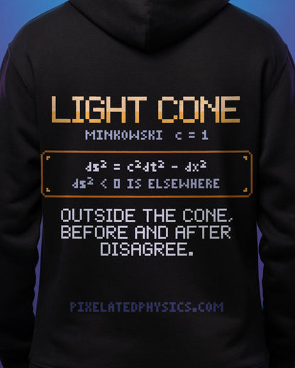Black Light Cone physics hoodie, pixel-art spacetime light cone design, worn by a model, back close-up
