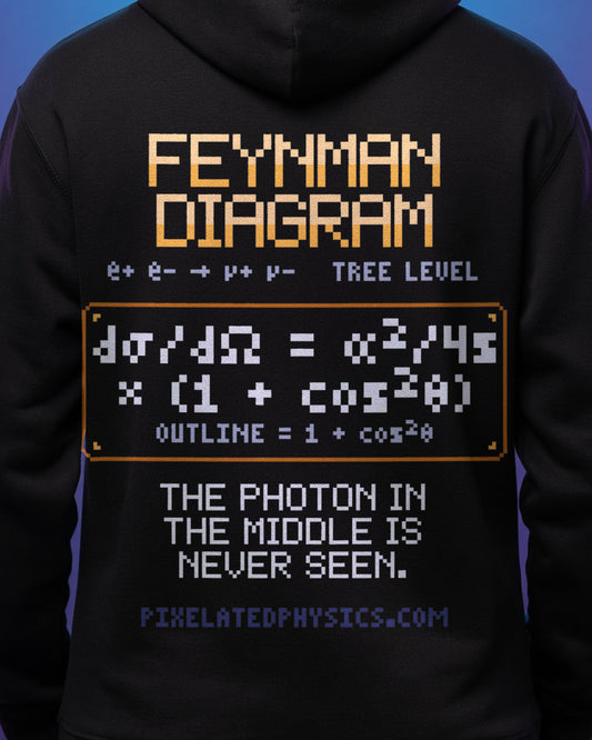 Black Feynman Diagram physics hoodie, pixel-art electron-positron annihilation design, worn by a model, back close-up