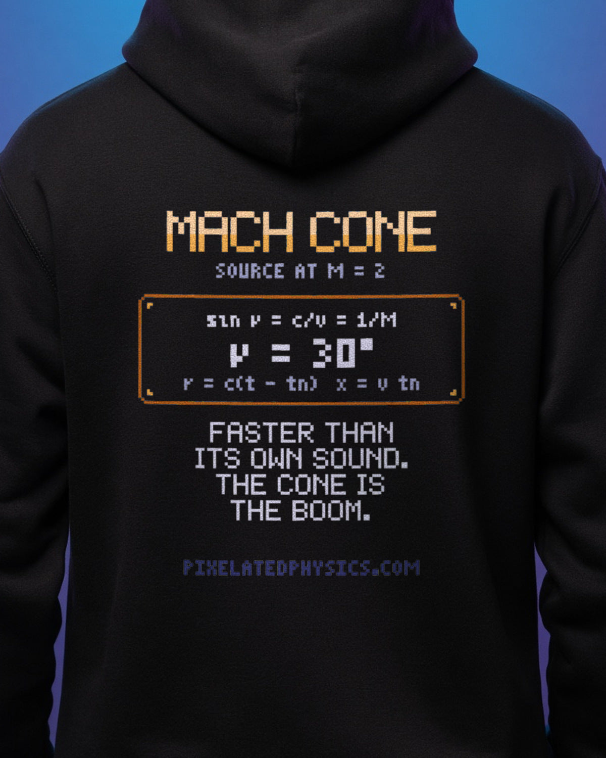 Black Mach Cone physics hoodie, pixel-art Mach cone shock wave design, worn by a model, back close-up
