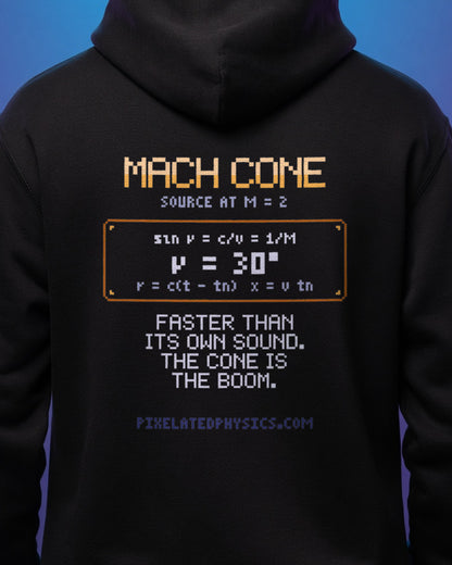Black Mach Cone physics hoodie, pixel-art Mach cone shock wave design, worn by a model, back close-up