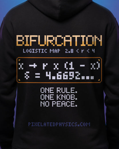Black Bifurcation physics hoodie, pixel-art logistic map period doubling design, worn by a model, back close-up